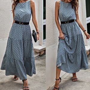 Blue polka dot ruffle hem A line dress